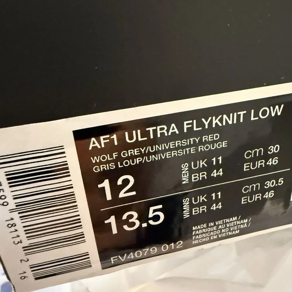Mens Size 12 Nike AF1 Ultra Flyknit Low Robert Kraft Wolf Grey White FV4079-012